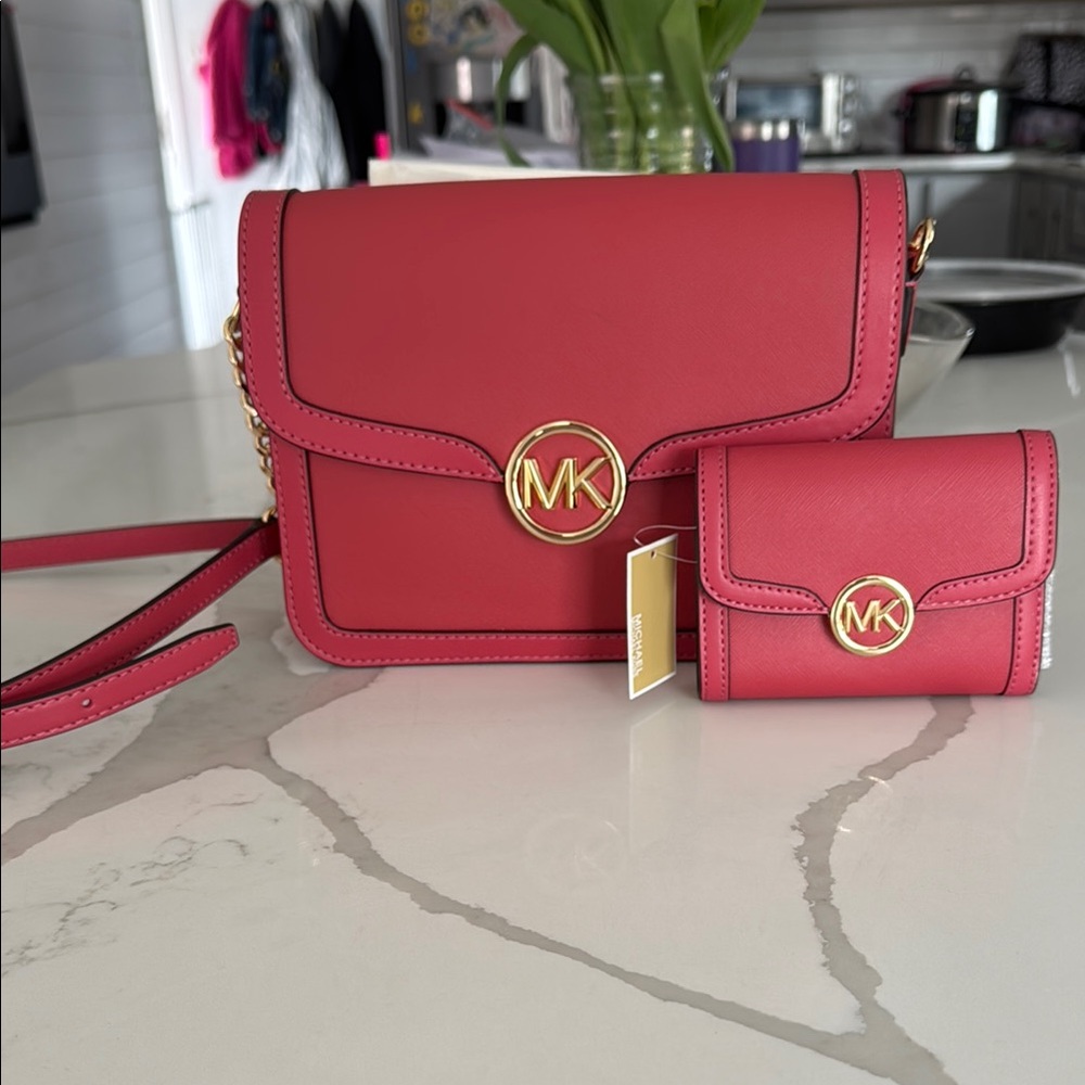 Michael Kors Red Crossbody Bag and Wallet Set